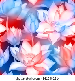 Lotus buds and flowers seamless background. Water lilly nelumbo aquatic plant botanical design. Sacred lotus flower blossom, lily buds seamless pattern. Zen perfume fragrance packaging design