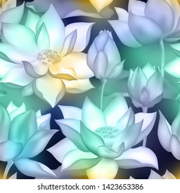 Lotus buds and flowers seamless background. Water lilly nelumbo aquatic plant illustration. Sacred lotus flower blossom, lily buds seamless pattern. Zen perfume fragrance packaging design