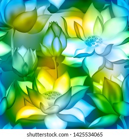 Lotus buds and flowers seamless background. Water lilly nelumbo aquatic plant floral graphic design. Sacred lotus flower blossom, lily buds seamless pattern. Vietnamese floral emblem plant.