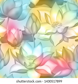 Lotus buds and flowers seamless background. Water lilly nelumbo aquatic plant floral graphic design. Sacred lotus flower blossom, lily buds seamless pattern. Yoga, meditation nature symbol.