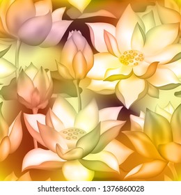 Lotus buds and flowers seamless fabric print. Water lilly nelumbo aquatic plant floral graphic design. Sacred lotus flower blossom, lily buds seamless pattern. Yoga, meditation nature symbol.
