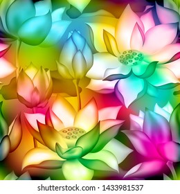 Lotus buds and flowers seamless fabric print. Water lilly nelumbo aquatic plant illustration. Sacred lotus flower blossom, lily buds seamless pattern. Ayurveda cosmetic product packaging.