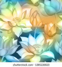 Lotus buds and flowers seamless textile print. Water lilly nelumbo aquatic plant floral graphic design. Sacred lotus flower blossom, lily buds seamless pattern. Ayurveda cosmetic product packaging.