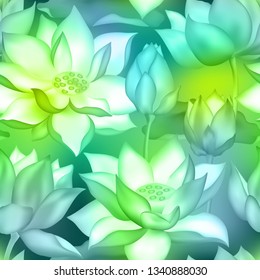 Lotus buds and flowers seamless vector pattern. Water lilly nelumbo aquatic plant packaging design. Sacred lotus flower blossom, lily buds seamless pattern. Yoga, meditation nature symbol.