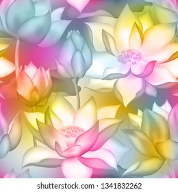 Lotus buds and flowers seamless vector pattern. Water lilly nelumbo aquatic plant floral graphic design. Sacred lotus flower blossom, lily buds seamless pattern. Ayurveda cosmetic product packaging.