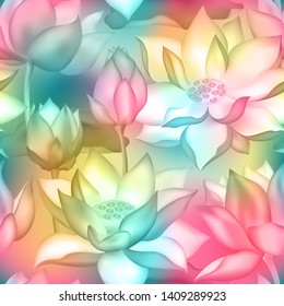 Lotus buds and flowers seamless vector pattern. Water lilly nelumbo aquatic plant botanical design. Sacred lotus flower blossom, lily buds seamless pattern. Vietnamese floral emblem plant.