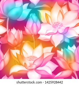 Lotus buds and flowers seamless vector pattern. Water lilly nelumbo aquatic plant packaging design. Sacred lotus flower blossom, lily buds seamless pattern. Zen perfume fragrance packaging design