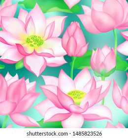 Lotus buds and flowers seamless vector pattern. Water lilly nelumbo aquatic plant floral graphic design. Sacred lotus flower blossom, lily buds seamless pattern. Vietnamese floral emblem plant.