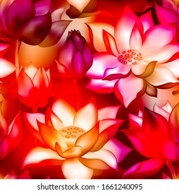 Lotes y flores sin fisuras. Diseño gráfico floral de plantas acuáticas lilly nelumbo. La flor del loto sagrado florece, el lirio se desarrolla sin fisuras. Yoga, símbolo de la naturaleza de meditación.