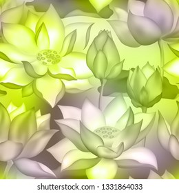 Lotus buds and flowers seamless wallpaper. Water lilly nelumbo aquatic plant packaging design. Sacred lotus flower blossom, lily buds seamless pattern. Yoga, meditation nature symbol.