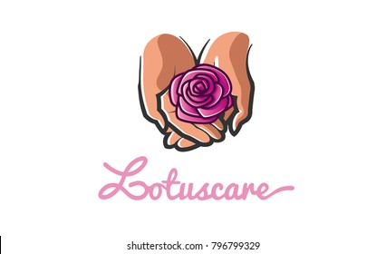 Lotus Care Hands Holding Romance Logo Design Symbol Illustration