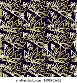 
Lotus contour golden pattern on a dark green background. For wrapping paper fabric clothes wallpaper Golden gradient.