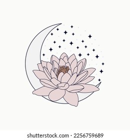 Lotus and crescent isolated object. Bohemian moon and lotus illustration. 