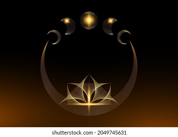 Lotus Crescent Moon, golden Mystical Lotus Flower and Moon Phases, Sacred Geometry. String gold line geometric wireframe. Thread art logo design vector isolated on black background