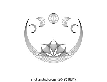 Lotus Crescent Moon, Mystical Lotus Flower and Moon Phases, Sacred Geometry. String black line geometric wireframe. Thread art logo design vector isolated on white background