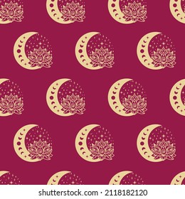 Lotus and crescent moon seamless pattern. Sacred Geometry background. Tattoo, yoga logo, Buddhism design, print, poster, t-shirt, textile. Repeating vector illustration.