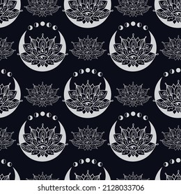 Lotus and crescent moon seamless pattern. Sacred Geometry background. Tattoo, yoga logo, Buddhism design, print, poster, t-shirt, textile. Repeating vector illustration.