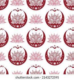 Lotus and crescent moon seamless pattern. Sacred Geometry background. Tattoo, yoga logo, Buddhism design, print, poster, t-shirt, textile. Repeating vector illustration.