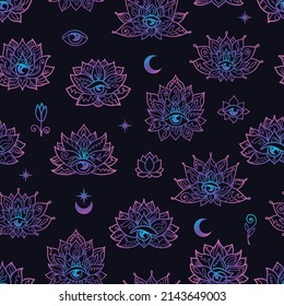 Lotus and crescent moon seamless pattern. Sacred Geometry background. Tattoo, yoga logo, Buddhism design, print, poster, t-shirt, textile. Repeating vector illustration.