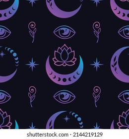 Lotus and crescent moon seamless pattern. Sacred Geometry background. Tattoo, yoga logo, Buddhism design, print, poster, t-shirt, textile. Repeating vector illustration.