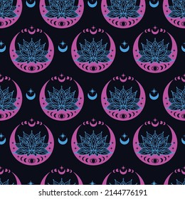 Lotus and crescent moon seamless pattern. Sacred Geometry background. Tattoo, yoga logo, Buddhism design, print, poster, t-shirt, textile. Repeating vector illustration.