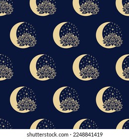 Lotus and crescent moon seamless pattern. Sacred Geometry background. Tattoo, yoga logo, Buddhism design, print, poster, t-shirt, textile. Repeating vector illustration.