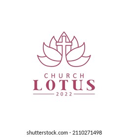 Lotus And Cross Minimalist Line Art For Church Or Christian Religion Logo