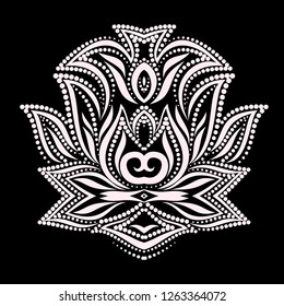 Lotus  design. Black and white floral  dot pattern. Vector print with  decorative elements for embroidery, for women's clothing.