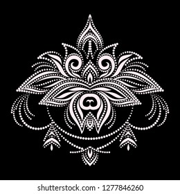 Lotus  design. Black and white floral  dot pattern. Vector print with  decorative elements for embroidery, for women's clothing.