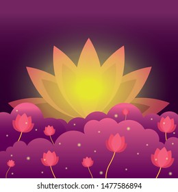 Lotus is a divine flower. Purple background with flowers. Vector illustration isolated on a white background.