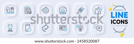 Lotus, Dots message and Seo idea line icons for web app. Pack of Copyright, Recovery phone, Brush pictogram icons. Winner, Inspect, Chess signs. Share, Fire energy, Timer. Yoga meditation. Vector