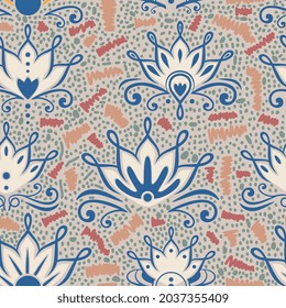 Dibujo de Lotus sin fisuras. Motivos étnicos tribales, dibujados a mano tradicional de bohemia asiática. Decoración floral vintage para la impresión textil de moda.