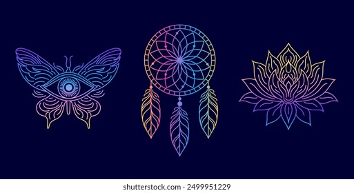 Lotus, dream catcher and all seeing eye with gradient colors on dark background.