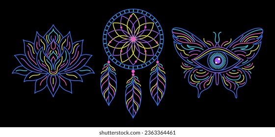 Lotus, dream catcher and  butterfly with all seeing eye  on dark background.