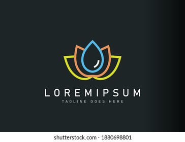 Lotus droplet logo design. Vector illustration of a lotus along with liquid water drop icon design. Modern logo design with line art style.