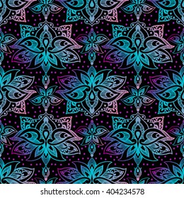 Lotus, eastern vector seamless pattern with paisley. Neon Boho floral symbol.  Rich lotus Middle Ages. For scrapbooking, wrapping paper,  textile, surface design, fashion