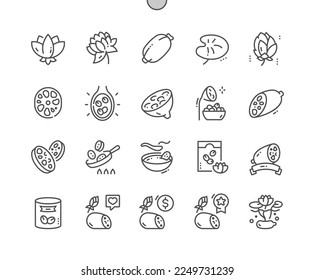 Lotus eating. Lotus root vegetable and slice. Cooking, recipes and price. Menu for cafe. Lotus root chips. Pixel Perfect Vector Thin Line Icons. Simple Minimal Pictogram