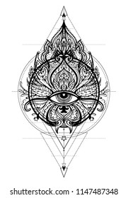 Lotus, Eye, Sacred Geometry. Ayurveda symbol of harmony and balance, and universe. Tattoo flesh design, yoga logo. Boho print, poster, t-shirt textile. Anti stress book. Isolated vector illustration.
