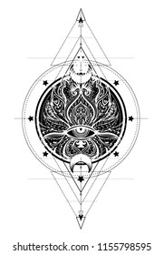 Lotus, Eye, Sacred Geometry. Ayurveda symbol of harmony and balance, and universe. Tattoo flesh design, yoga logo. Boho print, poster, t-shirt textile. Anti stress book. Isolated vector illustration.
