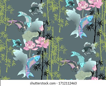 Lotus and fish. Seamless pattern. Vector illustration. Suitable for fabric, wrapping paper, digital paper, wall paper and the like