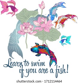 Lotus and fish. Vector illustration. Good design for T-shirt, greetings, cards and the like.