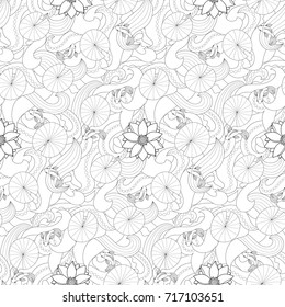 Lotus and fishes on wave seamless pattern. Outline black and white wallpaper for coloring page, asian textile print, nature background.