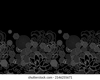 Lotus. Floral Border, Black and White Geometric Seamless Pattern. Interior, fabric print