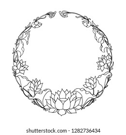 Lotus Floral Frame, Hand Drawn Sketch, Isolated Vector