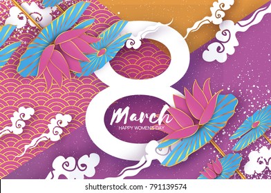 Lotus Floral Greeting card in paper cut style. 8 March. Happy Women's Mother's Day. Origami Water lily flower holiday. Eight number. Cloud. Spring blossom. Seasonal holiday.