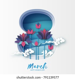 Lotus Floral Greeting card in paper cut style. 8 March layered frame. Happy Women's Mother's Day. Origami Water lily flower holiday. Eight number. Cloud. Spring blossom. Seasonal holiday.