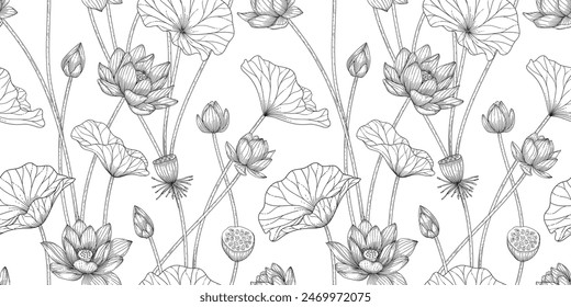 lotus floral pattern black and white illustration