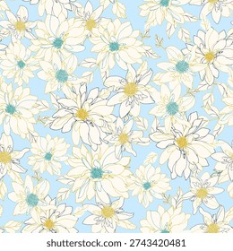 Lotus floral pattern spring and summer backdrop. Hand drawn surface pattern design with flowers in garden. Lotus flower pattern