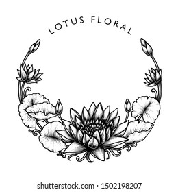 Lotus Floral, Round Frame, Hand Drawn Illustration, Isolated Vector