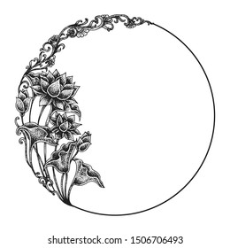Lotus Floral, Round Frame, Hand Drawn Pointillism Illustration, Isolated Vector
